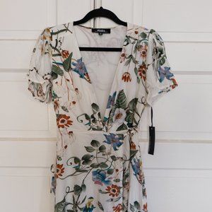 Low-cut, floral wrapped dress